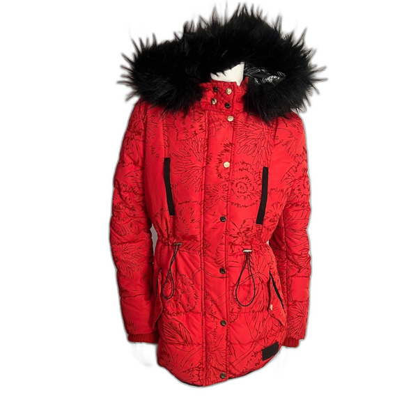 Desigual Women's Coat Marlene Borgona Red Faux Fur Hood Puffer Jacket Size 8 US
